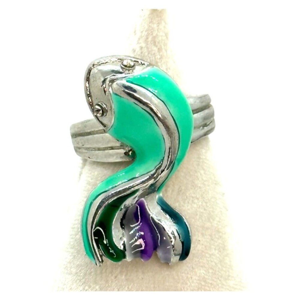 Vintage Enamel Tropical Fish Ring Size 6.5 Aqua Purple Silver Tone Statement